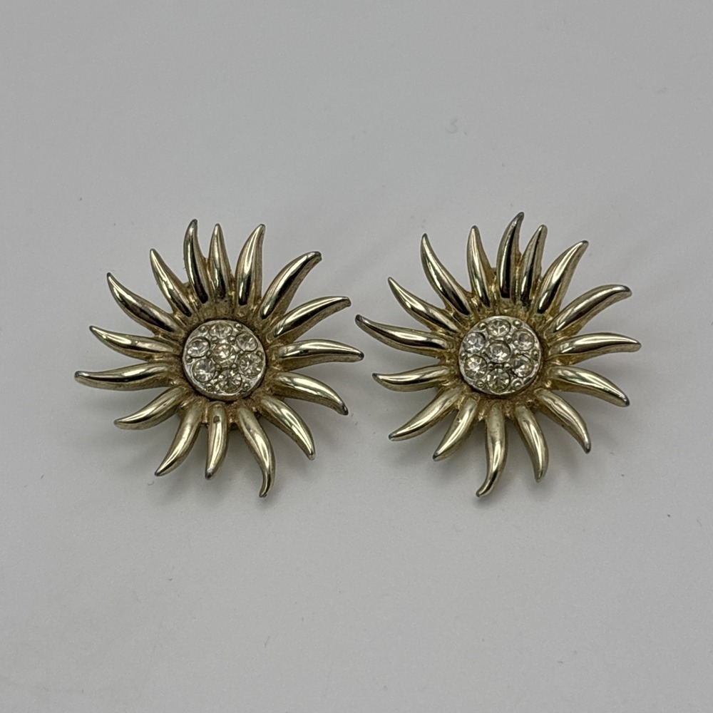 Vintage Marboux Clip On Gold Tone Earrings Sun Sunburst Flower Rhinestones